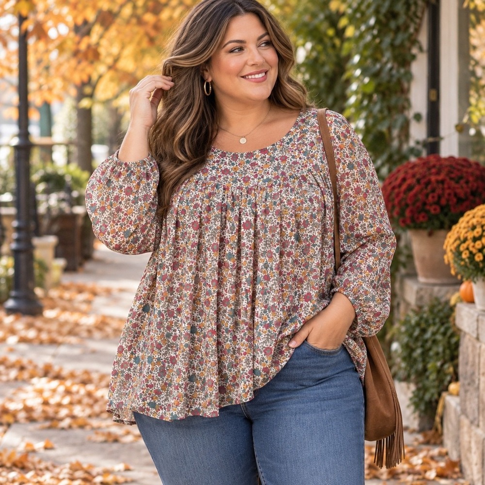 Lane Bryant Floral Mesh Babydoll Blouse Women's 22/24 Cream Pink Teal Boho